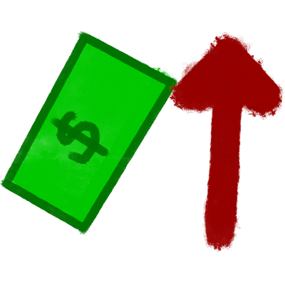 a green dollar bill is on the left. on the right is a red arrow pointing up.